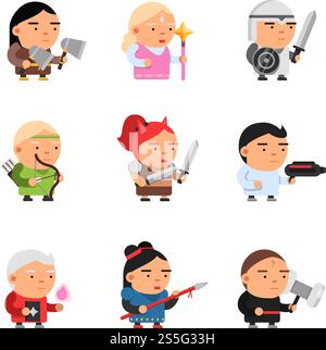 Game fantasy characters. Computer 2d gaming fairy tale mascot sprite cartoons knight soldiers elf rpg shooter vector. Illustration of character cartoon game knight and magician. Game fantasy characters. Computer 2d gaming fairy tale mascot sprite cartoons knight soldiers elf rpg shooter vector Stock Vector