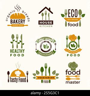Food logos. Healthy kitchen restaurant buildings cooking house spoon and fork food vector symbols for design projects. Green emblem logo badge for restaurant ecological food illustration. Food logos. Healthy kitchen restaurant buildings cooking house spoon and fork food vector symbols for design projects Stock Vector
