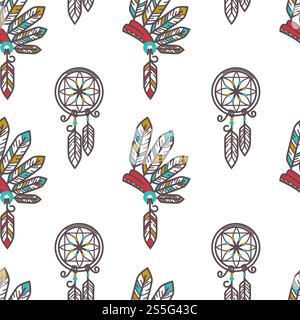 Native American Indians traditional culture symbols pattern background. Vector seamless design of Indigenous household and tribal icons wigwam hut, tomahawk weapon tools and smoking pipe. Native American Indians traditional culture symbols pattern background. Stock Vector