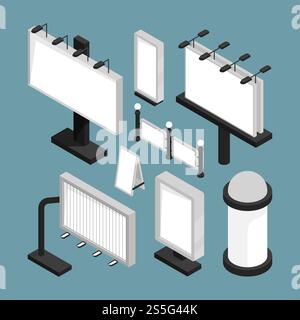 Street boards advertising. Led panels light boxes billboards empty mockup vector 3d templates isometric set. Illustration of signboard for city advertising. Street boards advertising. Led panels light boxes billboards empty mockup vector 3d templates isometric set Stock Vector
