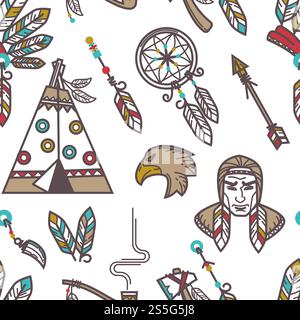 Native American Indians traditional culture symbols pattern background. Vector seamless design of Indigenous household and tribal icons wigwam hut, tomahawk weapon tools and smoking pipe. Native American Indians traditional culture symbols pattern background. Stock Vector