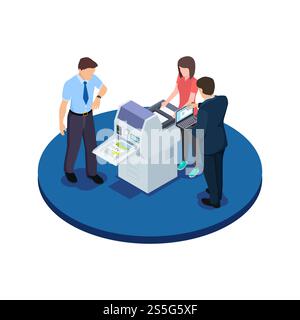 Office workers are testing a new printer isometric vector concept. Office printer isometric, worker and equipment illustration. Office workers are testing a new printer isometric vector concept Stock Vector