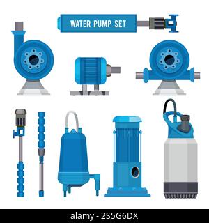Water pumps. Industrial machinery electronic pump steel systems sewage aqua control station vector icons. Illustration of compressor pump, industrial engine motor. Water pumps. Industrial machinery electronic pump steel systems sewage aqua control station vector icons Stock Vector