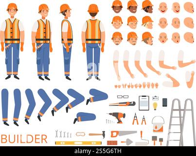 Engineer character animation. Body parts and specific tools of builder constructor with head body arms hands vector. Builder animation construction, creation kit, worker engineer illustration. Engineer character animation. Body parts and specific tools of builder constructor with head body arms hands vector Stock Vector