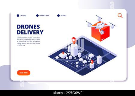 Drone logistics isometric concept. Future delivery technology, shipment with unmanned drones and quadcopter. Vector landing page transportation delivery, isometric drone service illustration. Drone logistics isometric concept. Future delivery technology, shipment with unmanned drones and quadcopter. Vector landing page Stock Vector