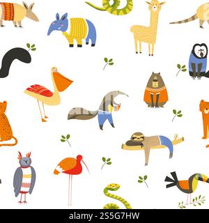 Funny animals wearing knitted sweaters and clothes seamless pattern isolated on white vector. Toucan and lion, llama and monkey, exotic mammal reading book and wearing glasses. Sloth on branch. Funny animals wearing knitted sweaters and clothes seamless pattern isolated on white vector. Stock Vector