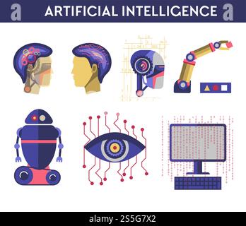 Artificial intelligence vector illustration of robot human mind, future computer digital brain science and innovation technology machines. Symbols of dna, microchip processor in eye, cyborg hand and head. Artificial intelligence vector illustration of robot human mind Stock Vector