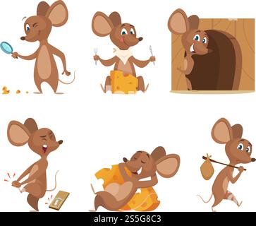 Mouse character. Funny cartoon mice. Vector clipart isolated on white. Illustration of mouse mascot, animal and mousetrap. Mouse character. Funny cartoon mice. Vector clipart isolated on white Stock Vector