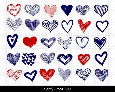 Ballpoint pen drawing doodle hearts vector big collection. Scribble sketch heart of set illustration. Ballpoint pen drawing doodle hearts vector big collection Stock Vector