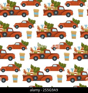 Merry Christmas winter holiday celebration and preparation seamless pattern isolated on white background. Car and scooter driving with presents vector. Pine decorated with balls and garlands. Merry Christmas winter holiday celebration and preparation seamless pattern isolated on white background. Stock Vector
