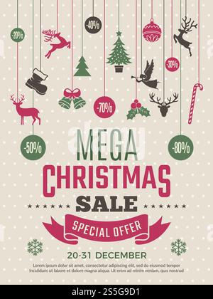 Christmas poster for big sales. New year voucher deals discounts vector coupon template. Illustration of mega banner sale for xmas and new year. Christmas poster for big sales. New year voucher deals discounts vector coupon template Stock Vector