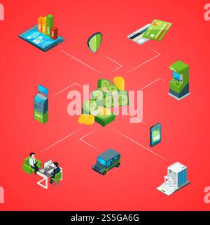 Vector isometric money flow in bank process icons infographic concept illustration. Vector isometric money flow in bank infographic illustration Stock Vector
