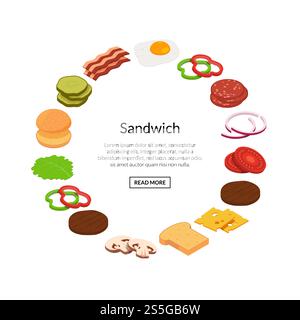 Vector isometric burger ingredients in circle shape with place for text illustration. Vector isometric burger ingredients illustration color flat Stock Vector