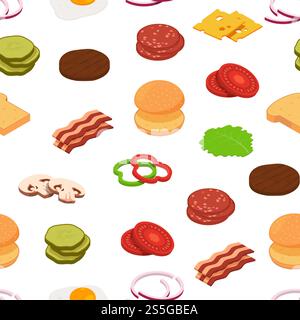 Vector isometric burger ingredients background with place for text illustration. Colored pattern food. Vector isometric burger ingredients pattern background illustration Stock Vector