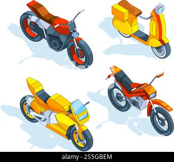 Motorcycles isometric. 3d vector pictures of transport. Motorbike transport, bike and motorcycle, transportation two-wheeled. Vector illustration. Motorcycles isometric. 3d vector pictures of transport Stock Vector