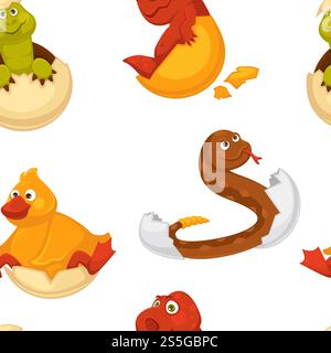 Animals born from eggs, eggshells and reptiles seamless pattern vector. Fluffy chicken, penguin and dragon, snake and alligator sitting in shell. Small newborn creatures , serpent and hen hatching. Animals born from eggs, eggshells and reptiles seamless pattern vector. Stock Vector