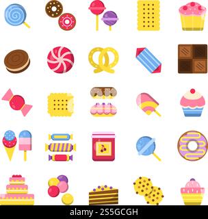 Sweets and pie icons. Pancakes candies chocolate biscuits and ice cream food vector colored flat pictures. Sweet biscuit and dessert, candy and cake illustration. Sweets and pie icons. Pancakes candies chocolate biscuits and ice cream food vector colored flat pictures Stock Vector
