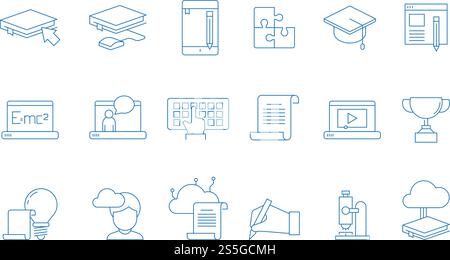 Online education icons. Training study courses college special school with web computer distance tutorials vector linear symbols. Distance training education, icon linear learn illustration. Online education icons. Training study courses college special school with web computer distance tutorials vector linear symbols Stock Vector