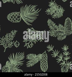 Pine branches of trees and cones seamless pattern isolated on white background vector. Evergreen natural plants and shrubs, twigs with needles, Christmas symbolic vegetation, spruce and fir. Pine branches of trees and cones seamless pattern isolated on white background vector. Stock Vector