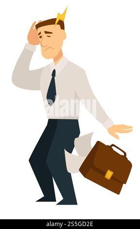 Man feeling bad person holding head headache agony bolt vector sick human businessman walking with briefcase with documents and papers falling down from case disease and illness of business male.. Man feeling bad person holding head headache agony bolt Stock Vector