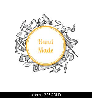 Vector hand drawn carpentry elements under circle with place for text illustration. Vector hand drawn carpentry elements Stock Vector