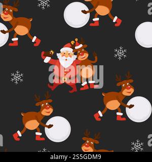 Santa Claus and reindeer having fun winter holidays celebration vector seamless pattern of character taking pictures on mobile phone cell phone of Father Frost deer with snowball laughing with man.. Santa Claus and reindeer having fun winter holidays celebration Stock Vector
