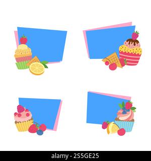 Vector cute cartoon muffins or cupcakes stickers isolated on white background. Vector cute cartoon muffins or cupcakes stickers Stock Vector