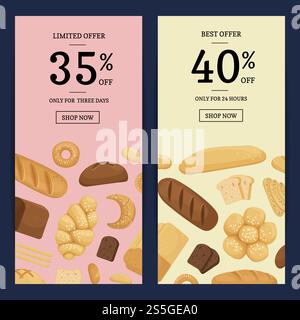 Vector cartoon bakery elements web banner templates poster page with dicount illustration. Vector cartoon bakery elements web banner templates illustration Stock Vector