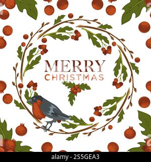 Merry Christmas bullfinch bird and mistletoe symbol seamless pattern isolated on white background vector. Traditional xmas leaves of plant and berries, animal with feathers. Birdie in winter. Merry Christmas bullfinch bird and mistletoe symbol seamless pattern isolated on white background vector. Stock Vector