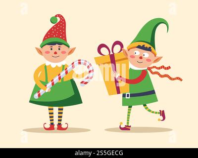 Elf children holding presents decorated with bow and candy vector. Leprechaun boys wearing traditional clothes with hats and boots. Santa Claus helpers with lollipop and gift in wrapping with ribbons. Elf children holding presents decorated with bow and candy Stock Vector