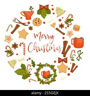 Merry Christmas winter holiday concept symbolic images. Wreath and gingerbread cookies in form of pine and star. Cinnamon and chocolate, cup with hot beverage, coffee and candies mistletoe. Merry Christmas winter holiday concept symbolic images. Stock Vector