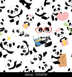Panda pattern. Traditional asian cute china baby bears vector seamless illustrations with animals characters. Black white bear background, pattern asia fauna. Panda pattern. Traditional asian cute china baby bears vector seamless illustrations with animals characters Stock Vector