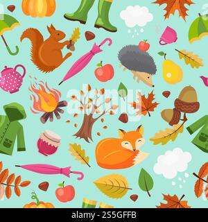Autumn animals pattern. Forest fall cute fox hedgehog and orange squirrel in yellow leaves vector autumn seamless background. Autumn background, squirrel and woodland, seamless pattern illustration. Autumn animals pattern. Forest fall cute fox hedgehog and orange squirrel in yellow leaves vector autumn seamless background Stock Vector