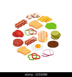 Vector isometric burger ingredients in circle shape illustration isolated on white. Vector isometric burger ingredients in circle illustration Stock Vector