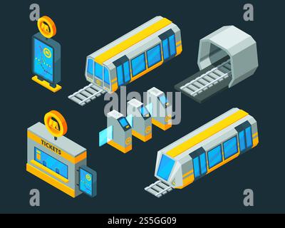 Metro elements. Train escalator and subway gate vector isometric low poly 3d pictures. Illustration of subway transport passenger, urban metro station. Metro elements. Train escalator and subway gate vector isometric low poly 3d pictures Stock Vector