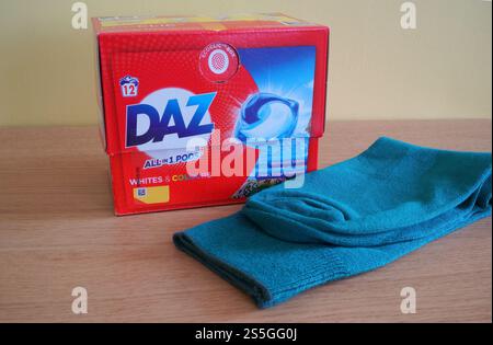 Box of DAZ Washing or Laundry Detergent All In 1 Pods Stock Photo