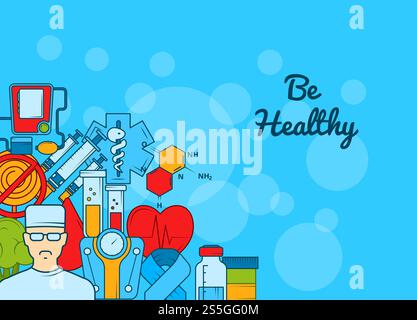 Vector colored diabetes icons background web banner for hospital with place for text illustration. Vector colored diabetes icons on web banner for hospital Stock Vector