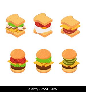 Vector isometric burger and sandwich types set illustration. Hamburger delicious with cucumber and ingredients. Vector isometric burger and sandwich types set illustration Stock Vector