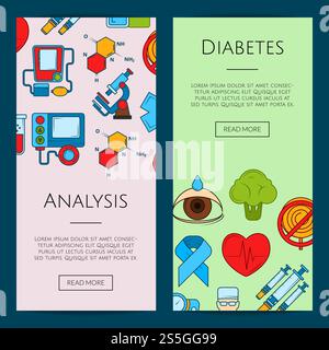 Vector colored diabetes icons web banner templates illustration. Poster analysis color. Vector colored diabetes icons web banner illustration Stock Vector