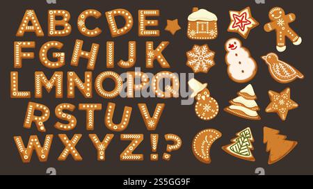 Happy holidays, Christmas abc letters font, graphic design vector. Signs in form of bakery with ginger, gingerbread man and star, house and pine tree, cookies set. Celebration alphabetical icons. Happy holidays, Christmas abc letters font, graphic design vector. Stock Vector