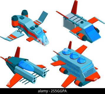 Spaceships isometric. Space technologies cargo and warships aerial bomber 3d vector low poly spaceships isolated. Illustration of spaceship rocket, graphic spacecraft. Spaceships isometric. Space technologies cargo and warships aerial bomber 3d vector low poly spaceships isolated Stock Vector