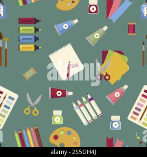 Art creation special equipment to paint and draw seamless pattern. Material to make picture, to draw sketches and to fold origami together with wooden easel isolated vector illustrations set on white background.. Art creation special equipment to paint and draw seamless pattern. Stock Vector