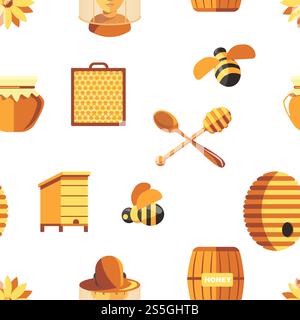 Honey and bees, beekeeper wearing protective suit seamless pattern isolated on white vector. Hive apiary, hobby of male, apiculture working, pot with product, farming and agriculture industry. Honey and bees, beekeeper wearing protective suit seamless pattern isolated on white vector. Stock Vector
