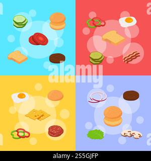 Vector isometric burger ingredients infographic of collection concept illustration in color background. Vector isometric burger ingredients infographic concept illustration Stock Vector