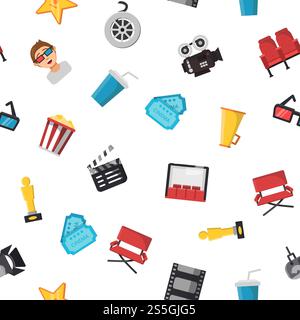 Vector flat colored cinema icons of set pattern or background illustration. Vector flat cinema icons pattern or background illustration Stock Vector