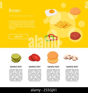 Vector isometric burger ingredients landing page template illustration for web site. Isometric burger ingredients web template banner illustration Stock Vector