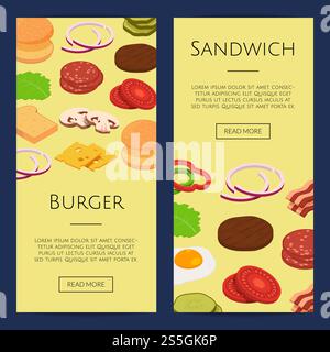 Vector isometric burger ingredients web banner templates illustration. Web poster with food. Vector isometric burger ingredients web banner templates illustration Stock Vector