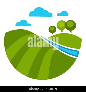 Trees and river water and green grass lawn vector isolated icon of scenery spring summer view with clouds at sky and nature lake with wood springtime countryside park at warm season seasonal orchard.. Trees and river water and green grass lawn Stock Vector
