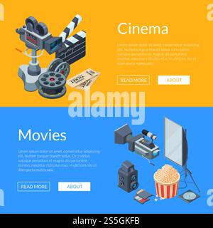 Vector cinematograph isometric elements web banner templates illustration. Colored poster with text. Vector cinematograph isometric elements web banner illustration Stock Vector