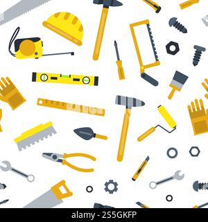 Vector flat construction tools pattern or background illustration. Hammer and screwdriver, wrench spanner, roller and cutter. Vector flat construction tools pattern or background illustration Stock Vector
